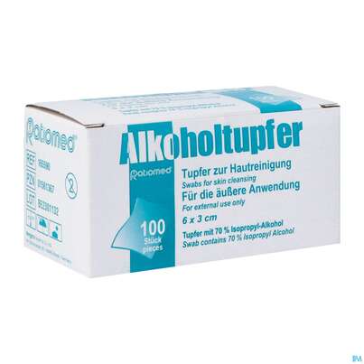 Sie sehen eine Packung Alkoholtupfer 3x 3cm Neu 100st, Produktbild: 02 Alkoholtupfer 3x 3cm Neu 100st, A-Nr.: 5764802 - 02
