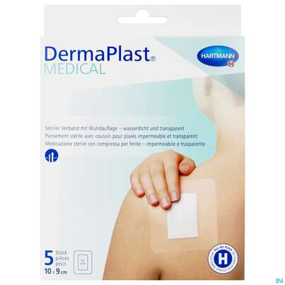 Sie sehen eine Packung Wundpflaster Dermaplast/medical Selbstklebend Steril Wasserdicht 10x 9cm 5st, Produktbild: 01 Wundpflaster Dermaplast/medical Selbstklebend Steril Wasserdicht 10x 9cm 5st, A-Nr.: 4489570 - 01
