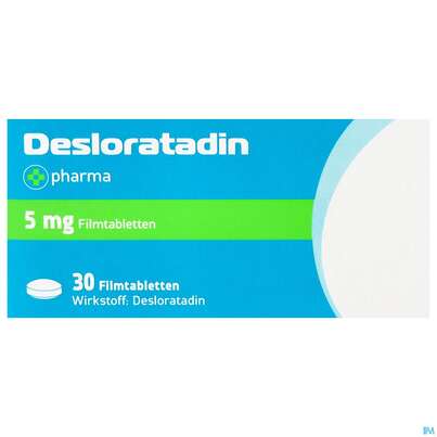 Sie sehen eine Packung Desloratadin-+pharma Filmtabl 5mg 30st, Produktbild: 01 Desloratadin-+pharma Filmtabl 5mg 30st, A-Nr.: 3903151 - 01