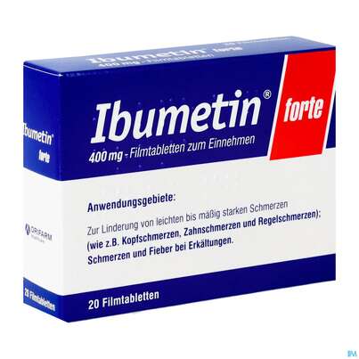 Sie sehen eine Packung Ibumetin Filmtabl Forte 400mg 20st, Produktbild: 03 Ibumetin Filmtabl Forte 400mg 20st, A-Nr.: 2420278 - 03