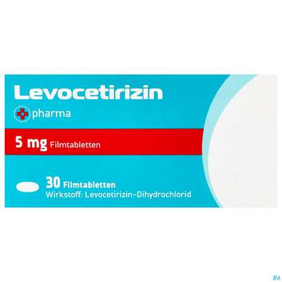 Sie sehen eine Packung Levocetirizin-+pharma Filmtabl 5mg 30st, Produktbild: 01 Levocetirizin-+pharma Filmtabl 5mg 30st, A-Nr.: 4475846 - 01