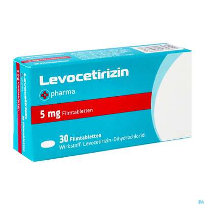 Sie sehen eine Packung Levocetirizin-+pharma Filmtabl 5mg 30st, Produktbild: 02 Levocetirizin-+pharma Filmtabl 5mg 30st, A-Nr.: 4475846 - 02