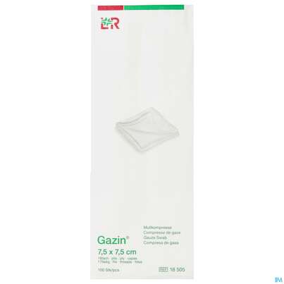 Sie sehen eine Packung Mullkompressen Gazin Baumw.17faedig Unsteril 16fach 7,5x 7,5cm 100st, Produktbild: 01 Mullkompressen Gazin Baumw.17faedig Unsteril 16fach 7,5x 7,5cm 100st, A-Nr.: 2384921 - 01