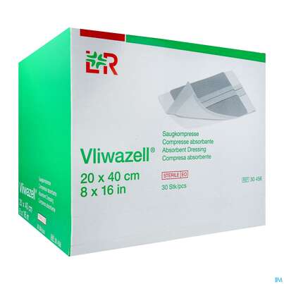 Sie sehen eine Packung Vliwazell Saugkompresse Steril 20x 40cm 30st, Produktbild: 02 Vliwazell Saugkompresse Steril 20x 40cm 30st, A-Nr.: 3707473 - 02