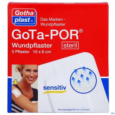 Sie sehen eine Packung Wundpflaster Gota-por Steril 100x 60mm 5st, Produktbild: 01 Wundpflaster Gota-por Steril 100x 60mm 5st, A-Nr.: 4173186 - 01