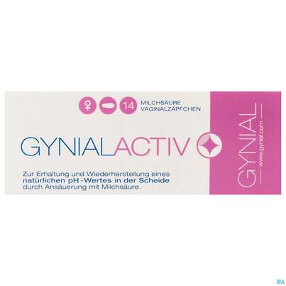 Sie sehen eine Packung Gynial Activ Milchsaeure Vaginalzaepfchen 14st, Produktbild: 01 Gynial Activ Milchsaeure Vaginalzaepfchen 14st, A-Nr.: 4367128 - 01