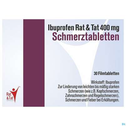 Sie sehen eine Packung Ibuprofen-rat&tat Schmerztabl 400mg 30st, Produktbild: 01 Ibuprofen-rat&tat Schmerztabl 400mg 30st, A-Nr.: 4482059 - 01
