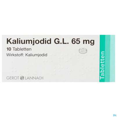 Sie sehen eine Packung Kaliumjodid G.L. 65mg Tabletten 10 Stück, Produktbild: 01 Kaliumjodid G.L. 65mg Tabletten 10 Stück, A-Nr.: 3762992 - 01