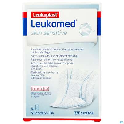 Sie sehen eine Packung Wundverband Leukomed/skin Sensitive Vliesverband +auflage Steril 5x 7,2cm 5st, Produktbild: 02 Wundverband Leukomed/skin Sensitive Vliesverband +auflage Steril 5x 7,2cm 5st, A-Nr.: 5608999 - 02
