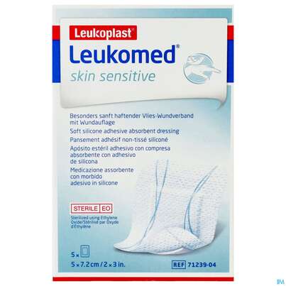 Sie sehen eine Packung Wundverband Leukomed/skin Sensitive Vliesverband +auflage Steril 5x 7,2cm 5st, Produktbild: 03 Wundverband Leukomed/skin Sensitive Vliesverband +auflage Steril 5x 7,2cm 5st, A-Nr.: 5608999 - 03