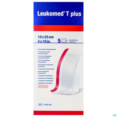 Sie sehen eine Packung Wundverband Leukomed T Plus Folienverband/+auflage Steril 10x25cm 5st, Produktbild: 01 Wundverband Leukomed T Plus Folienverband/+auflage Steril 10x25cm 5st, A-Nr.: 3942375 - 01
