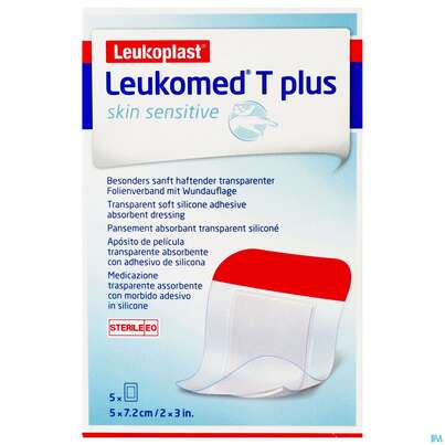 Sie sehen eine Packung Wundverband Leukomed T Plus/skin Sensitiv Folienverband +auflage Steril 5x7,2 Cm 5st, Produktbild: 01 Wundverband Leukomed T Plus/skin Sensitiv Folienverband +auflage Steril 5x7,2 Cm 5st, A-Nr.: 5267618 - 01