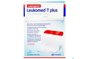 Sie sehen eine Packung Wundverband Leukomed T Plus/skin Sensitiv Folienverband +auflage Steril 8x10xcm 5st, Produktbild: 01 Wundverband Leukomed T Plus/skin Sensitiv Folienverband +auflage Steril 8x10xcm 5st, A-Nr.: 5267624 - 01