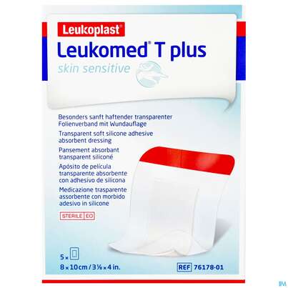 Sie sehen eine Packung Wundverband Leukomed T Plus/skin Sensitiv Folienverband +auflage Steril 8x10xcm 5st, Produktbild: 01 Wundverband Leukomed T Plus/skin Sensitiv Folienverband +auflage Steril 8x10xcm 5st, A-Nr.: 5267624 - 01