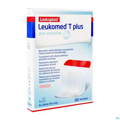 Sie sehen eine Packung Wundverband Leukomed T Plus/skin Sensitiv Folienverband +auflage Steril 8x10xcm 5st, Produktbild: 02 Wundverband Leukomed T Plus/skin Sensitiv Folienverband +auflage Steril 8x10xcm 5st, A-Nr.: 5267624 - 02