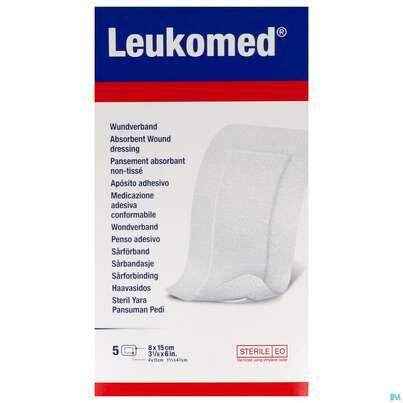 Sie sehen eine Packung Wundverband Leukomed/steril Verklebungsschutz 8x15cm 5st, Produktbild: 01 Wundverband Leukomed/steril Verklebungsschutz 8x15cm 5st, A-Nr.: 3091262 - 01