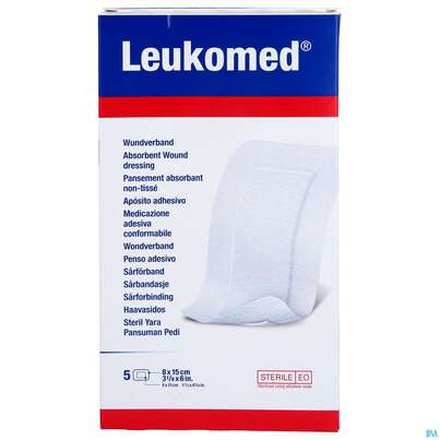 Sie sehen eine Packung Wundverband Leukomed/steril Verklebungsschutz 8x15cm 5st, Produktbild: 03 Wundverband Leukomed/steril Verklebungsschutz 8x15cm 5st, A-Nr.: 3091262 - 03