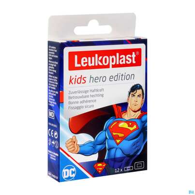 Sie sehen eine Packung Wundpflaster Leukoplast/kids/hero Superman Strips 2gr 19x56mm +38x63mm 12st, Produktbild: 02 Wundpflaster Leukoplast/kids/hero Superman Strips 2gr 19x56mm +38x63mm 12st, A-Nr.: 5755482 - 02