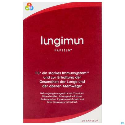 Sie sehen eine Packung Lungimun Kapseln Starkes Immun- System Gesundheit Der Lunge +atemwege 60st, Produktbild: 01 Lungimun Kapseln Starkes Immun- System Gesundheit Der Lunge +atemwege 60st, A-Nr.: 5818722 - 01