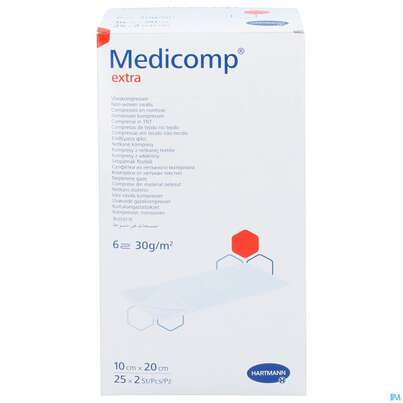 Sie sehen eine Packung Kompressen Medicomp/extra Vliesstoff 6fach Steril 10x 20cm 25x2 50st, Produktbild: 01 Kompressen Medicomp/extra Vliesstoff 6fach Steril 10x 20cm 25x2 50st, A-Nr.: 1652070 - 01
