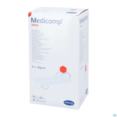 Sie sehen eine Packung Kompressen Medicomp/extra Vliesstoff 6fach Steril 10x 20cm 25x2 50st, Produktbild: 02 Kompressen Medicomp/extra Vliesstoff 6fach Steril 10x 20cm 25x2 50st, A-Nr.: 1652070 - 02