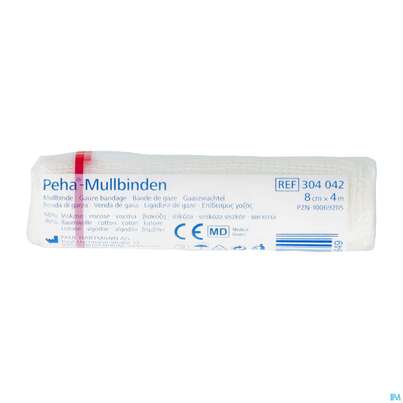 Sie sehen eine Packung Mullbinden Peha Zellw/baumw Festkantig 20fadig 4mx 8cm 1st, Produktbild: 02 Mullbinden Peha Zellw/baumw Festkantig 20fadig 4mx 8cm 1st, A-Nr.: 4174441 - 02