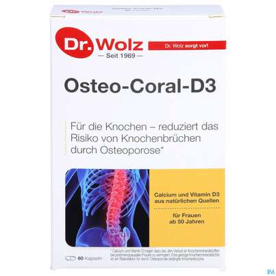 Sie sehen eine Packung Osteo Coral D3 Kapseln Dr.wolz Nr 60652 60st, Produktbild: 01 Osteo Coral D3 Kapseln Dr.wolz Nr 60652 60st, A-Nr.: 4151380 - 01