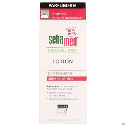 Sie sehen eine Packung Sebamed Akut/lotion Urea 10% Parfuemfrei +spen 400ml, Produktbild: 01 Sebamed Akut/lotion Urea 10% Parfuemfrei +spen 400ml, A-Nr.: 4084933 - 01