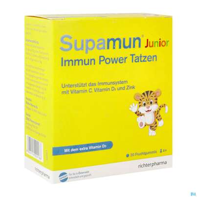 Sie sehen eine Packung Supamun Immun Junior Power Tatzen Fruchtgummi 30st, Produktbild: 02 Supamun Immun Junior Power Tatzen Fruchtgummi 30st, A-Nr.: 5091013 - 02