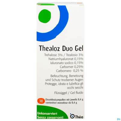 Sie sehen eine Packung Augengel Thealoz Duo Gel 0,4g Konservier.mittel Frei Original 30st, Produktbild: 01 Augengel Thealoz Duo Gel 0,4g Konservier.mittel Frei Original 30st, A-Nr.: 4329487 - 01