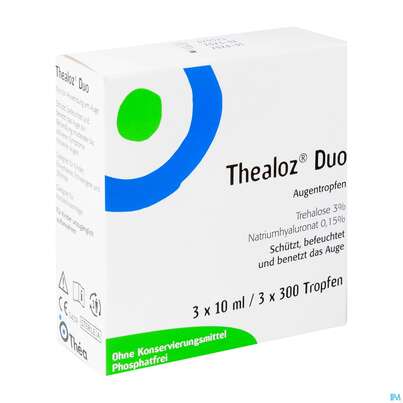 Sie sehen eine Packung Augentropfen Thealoz/duo Trehalose+hyaluronsaeure Original 3x10m 30ml, Produktbild: 03 Augentropfen Thealoz/duo Trehalose+hyaluronsaeure Original 3x10m 30ml, A-Nr.: 4523574 - 03