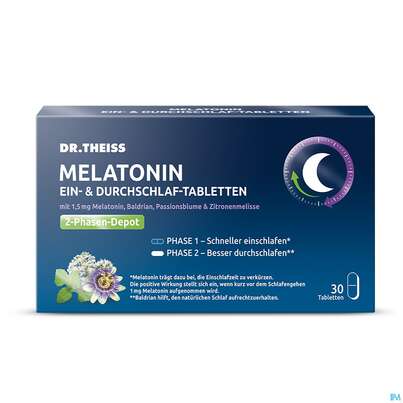 Sie sehen eine Packung Melatonin Tabl Ein +durchschlaf Dr.theiss 30st, Produktbild: 01 Melatonin Tabl Ein +durchschlaf Dr.theiss 30st, A-Nr.: 5800337 - 01