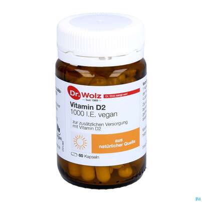 Sie sehen eine Packung Vitamin D2 Kapseln Vegan Dr.wolz 60584 60st, Produktbild: 08 Vitamin D2 Kapseln Vegan Dr.wolz 60584 60st, A-Nr.: 4164796 - 08