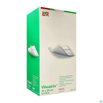 Sie sehen eine Packung Wundverband Vliwaktiv-aktivkohle Saugkompresse Steril 10x 20cm 20st, Produktbild: 02 Wundverband Vliwaktiv-aktivkohle Saugkompresse Steril 10x 20cm 20st, A-Nr.: 1367636 - 02