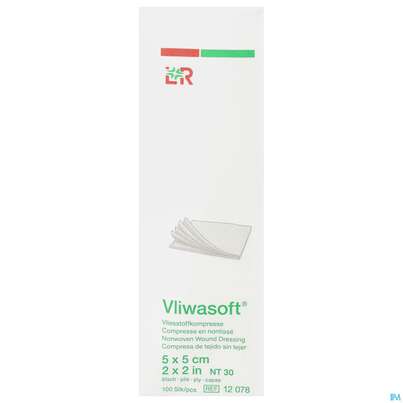 Sie sehen eine Packung Vlieskompressen Vliwasoft 6fach/unsteril Lose 5x 5cm 100st, Produktbild: 01 Vlieskompressen Vliwasoft 6fach/unsteril Lose 5x 5cm 100st, A-Nr.: 1372790 - 01