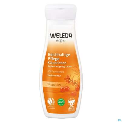 Sie sehen eine Packung Weleda Sanddorn Reichhaltige Pflege Koerperlotion 200ml, Produktbild: 01 Weleda Sanddorn Reichhaltige Pflege Koerperlotion 200ml, A-Nr.: 3694919 - 01