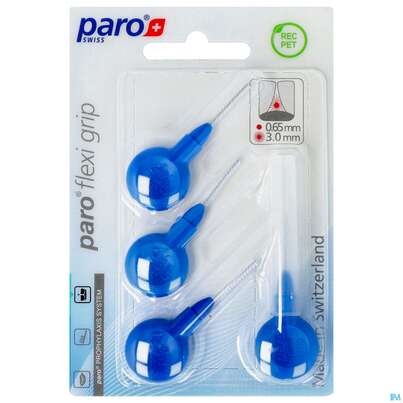 Sie sehen eine Packung Zahnbuersten Paro Flexigrip 3,0mm Blau 4st, Produktbild: 01 Zahnbuersten Paro Flexigrip 3,0mm Blau 4st, A-Nr.: 2652712 - 01
