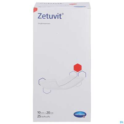 Sie sehen eine Packung Zetuvit Saugkompressen Steril 10x 20cm 25st, Produktbild: 01 Zetuvit Saugkompressen Steril 10x 20cm 25st, A-Nr.: 1166487 - 01