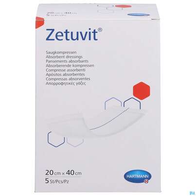 Sie sehen eine Packung Zetuvit Saugkompressen Steril 20x 40cm 5st, Produktbild: 01 Zetuvit Saugkompressen Steril 20x 40cm 5st, A-Nr.: 1166518 - 01
